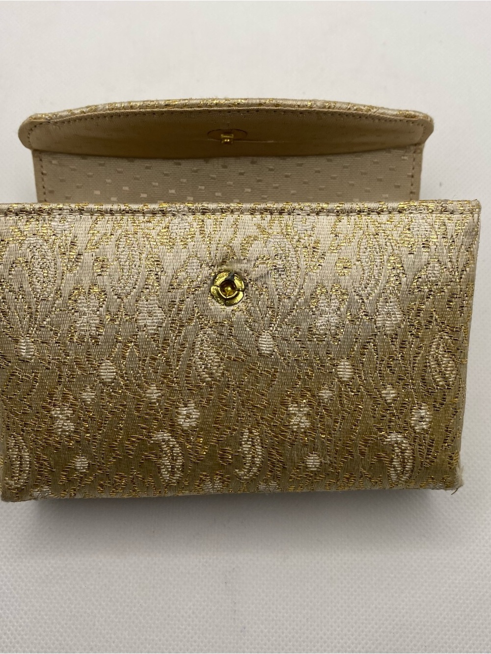 Vintage Gold Brocade Vanity Purse Evening Bag Built In Mirror Mid Century
